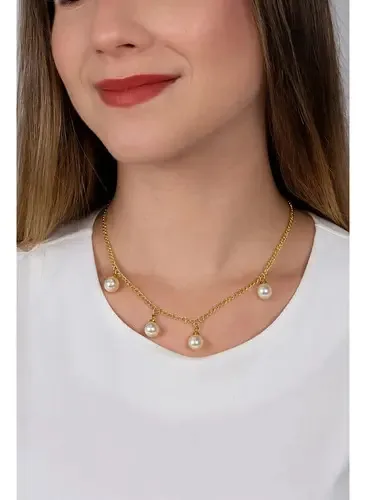 Colar Feminino Dourado Com Pérolas