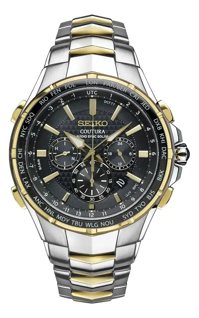 Relógio Seiko Coutura Radio Sync Solar Chronograph Ssg010, pulseira prateada, moldura dourada, fundo preto