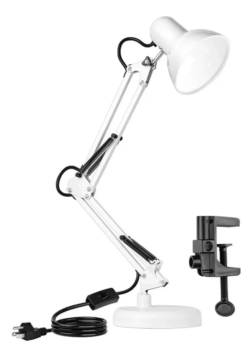 Candeeiro de mesa flexível com clipe de ancoragem e base+estrutura de ampolete branca