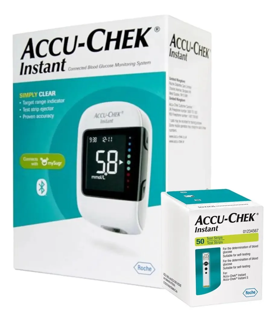 Pacote de medidor instantâneo de glicose Accu-chek® + 50 tiras +10 lancetas Kit de cores: equipamento + 50t + 10l