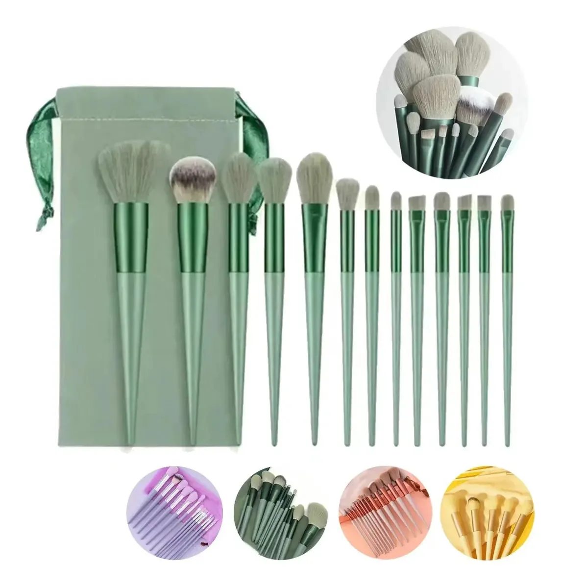 Conjunto de pincéis de maquiagem profissional de 13 peças e bolsa verde