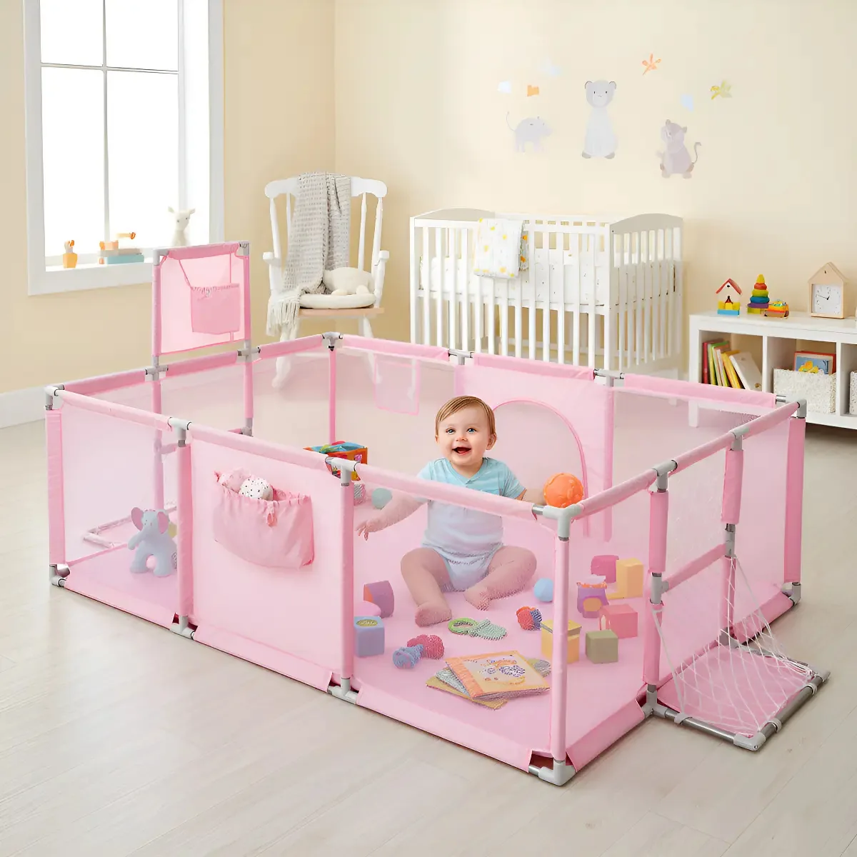 Cercadinho infantil Nubo Oxford Fabric Mesh 180x120cm rosa