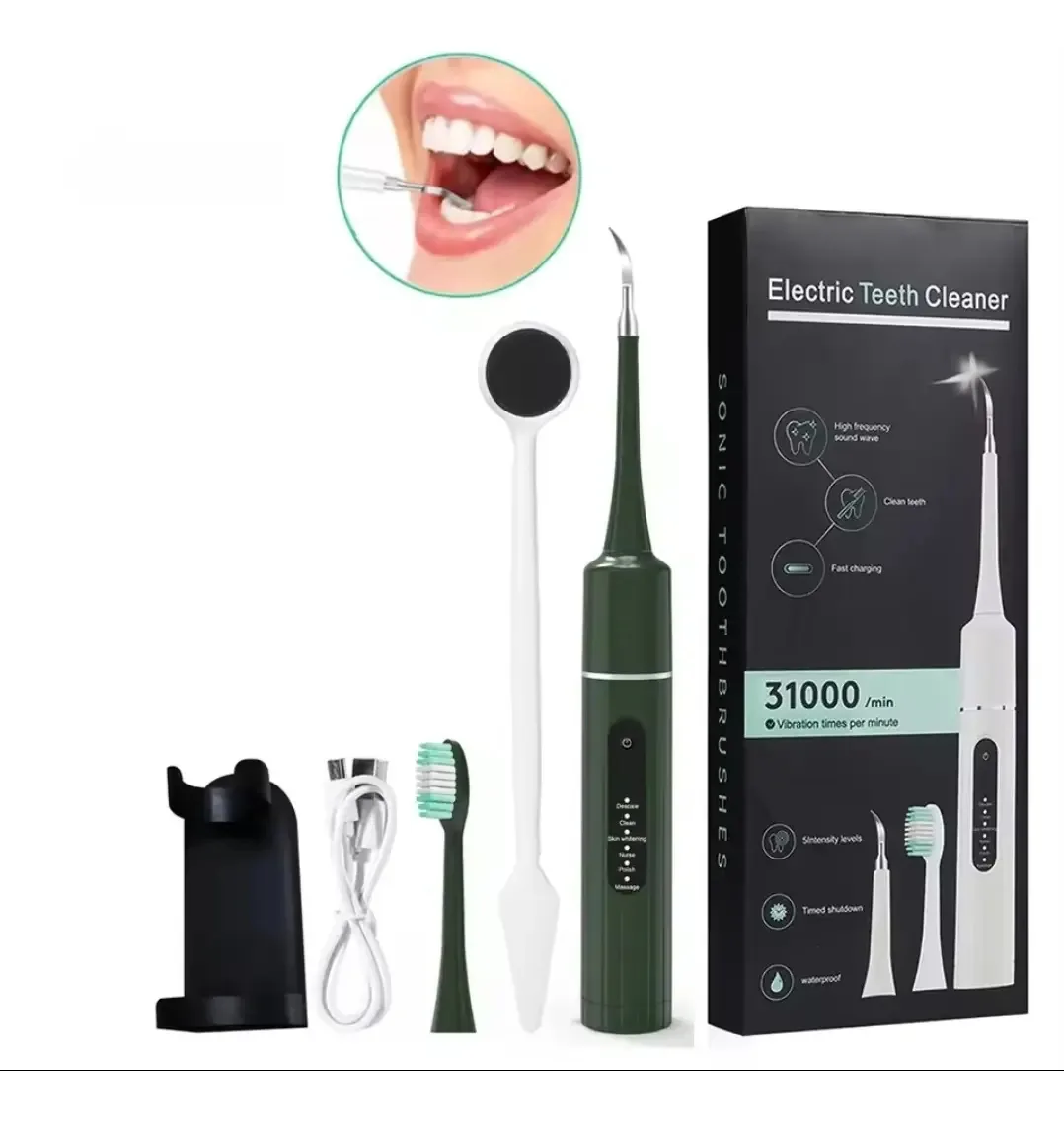 Escova de dentes elétrica Mohits, kit de limpeza ultrassônica de dentes, removedor de tártaro portátil, USB, verde