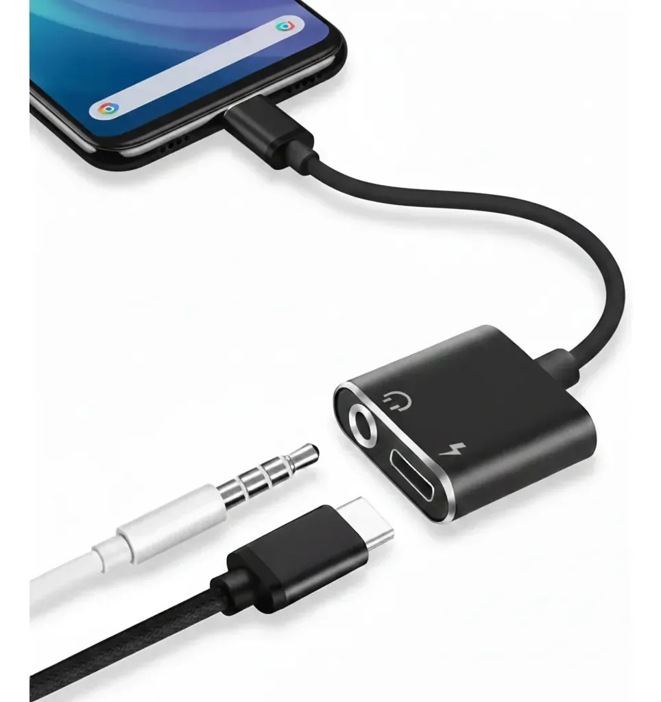 Adaptador USB-C para P2 Áudio e Carregador 2 em 1