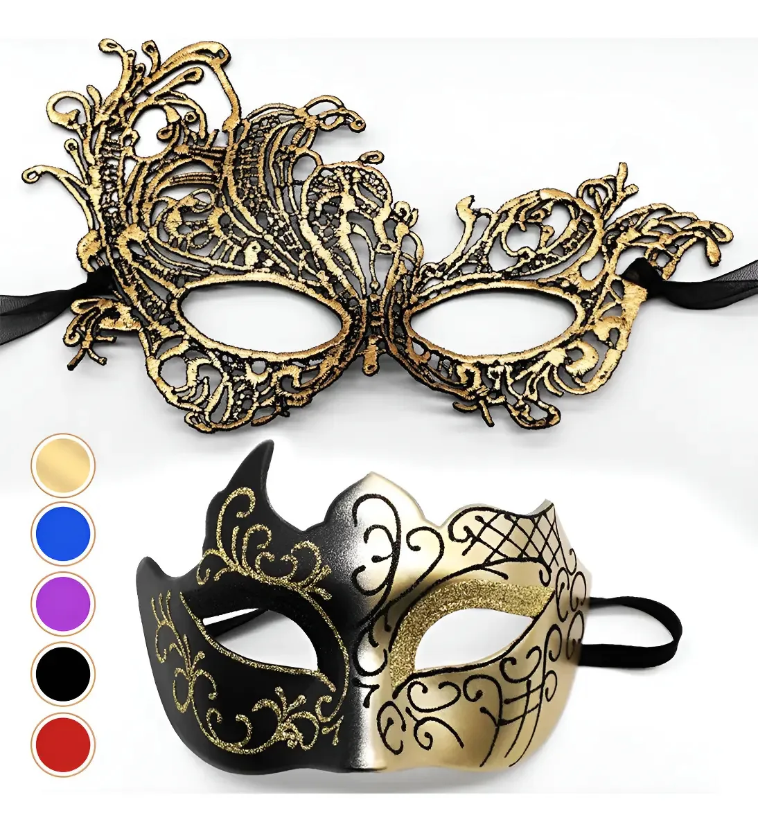 Hongfengcun® 2 máscaras, máscaras de festa, Halloween, casal, carnaval, cosplay, cor dourada