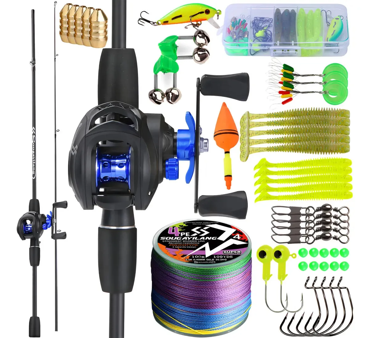 Vara De Pesca Completo 1,80m + Carretilha E Linha+acessórios Cor Azul