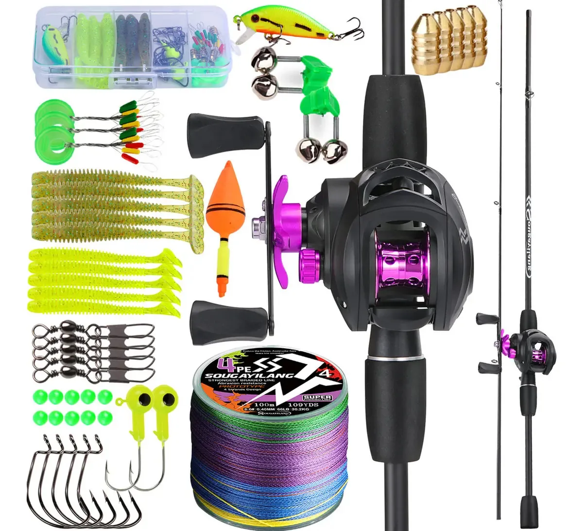 Vara De Pesca Completo 1,80m + Carretilha E Linha+acessórios Cor Lilás