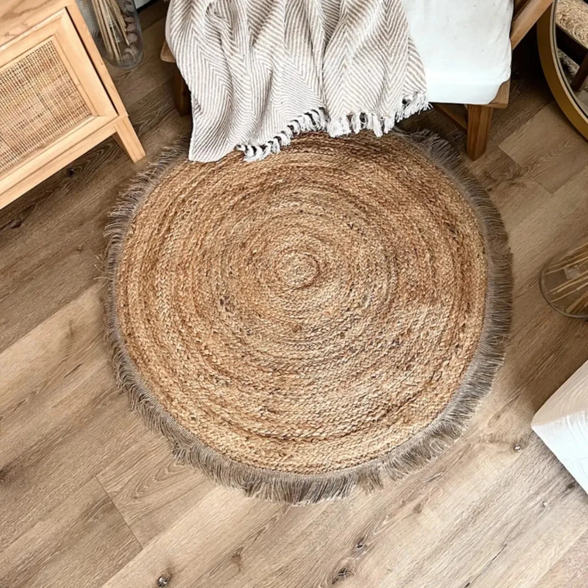 Tapete redondo de tecido com franjas para interior de juta 120 cm 1,2 m, círculos vintage, franjas marrons claras
