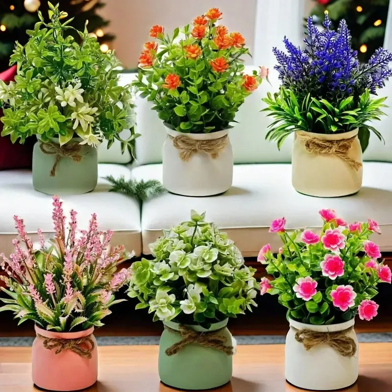 Vasos de plantas artificiais decorativas, flores artificiais, planta artificial em vaso para interior, flores falsas em minivasos, plantas falsas para decoração de banheiro, mesa de escritório