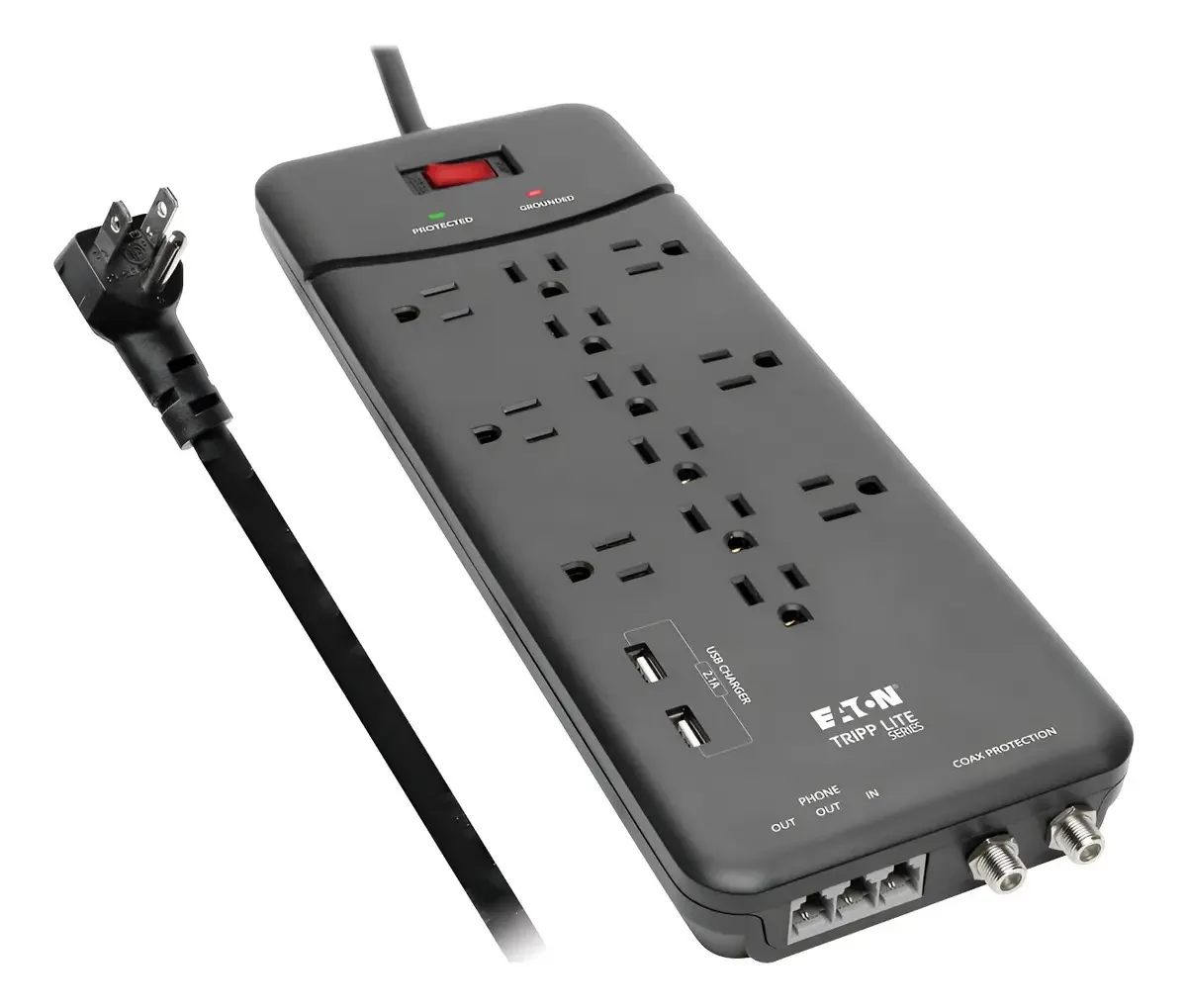 Protetor de sobretensão com 12 tomadas e carregamento USB preto 110v