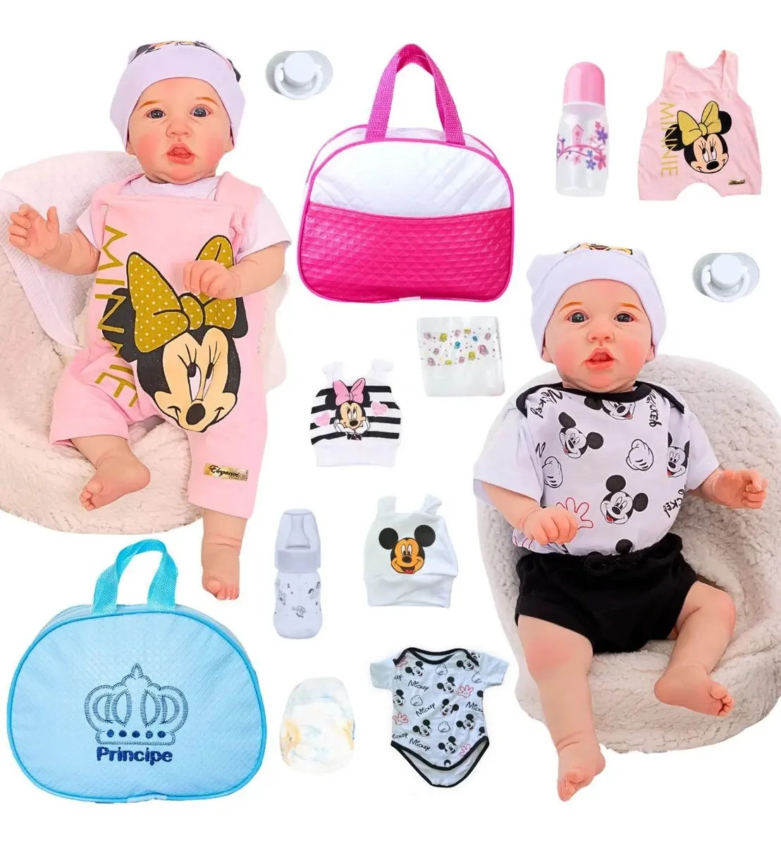 Bonecos Bebê Reborn Gêmeos Saskia Mickey & Minnie Com Bolsa