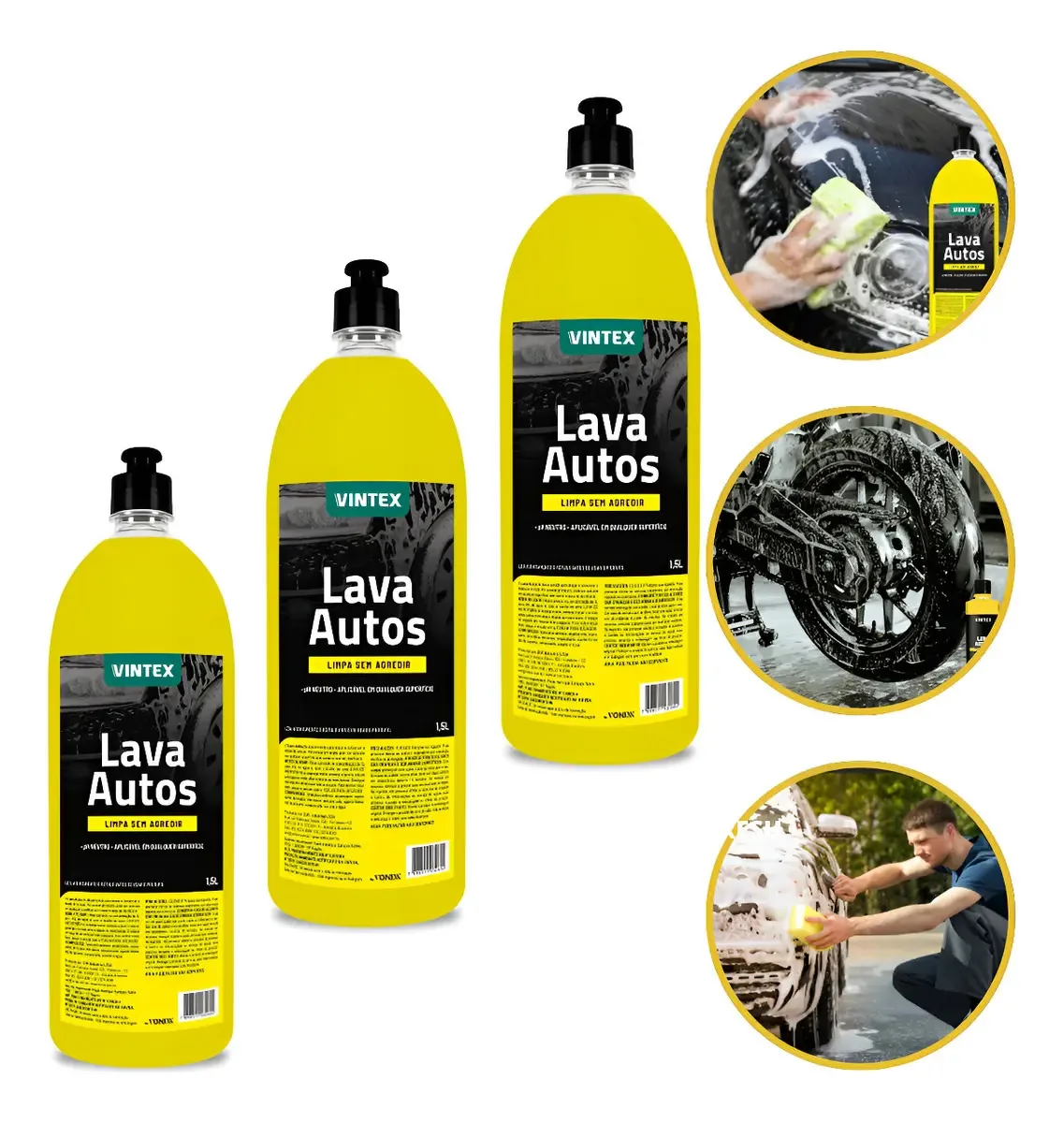 Kit Com 3 Shampoos Automotivos Vintex Lava Autos 1,5 Litros Para Limpeza Profunda