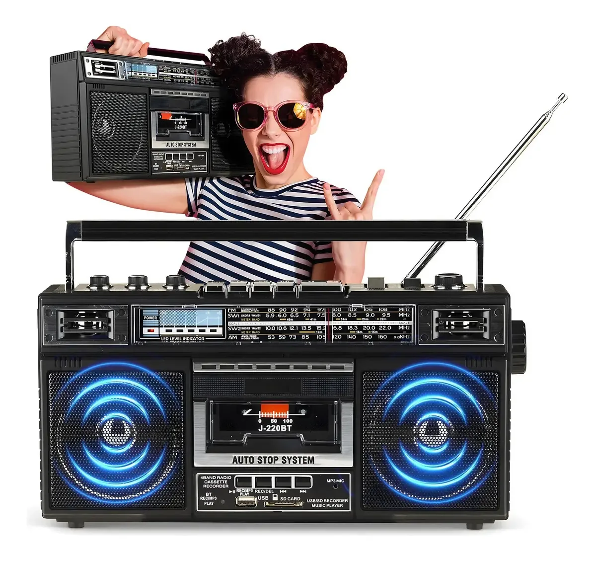 Leitor de cassetes Boombox com gravação/rádio/Bluetooth/SD/USB cor preta
