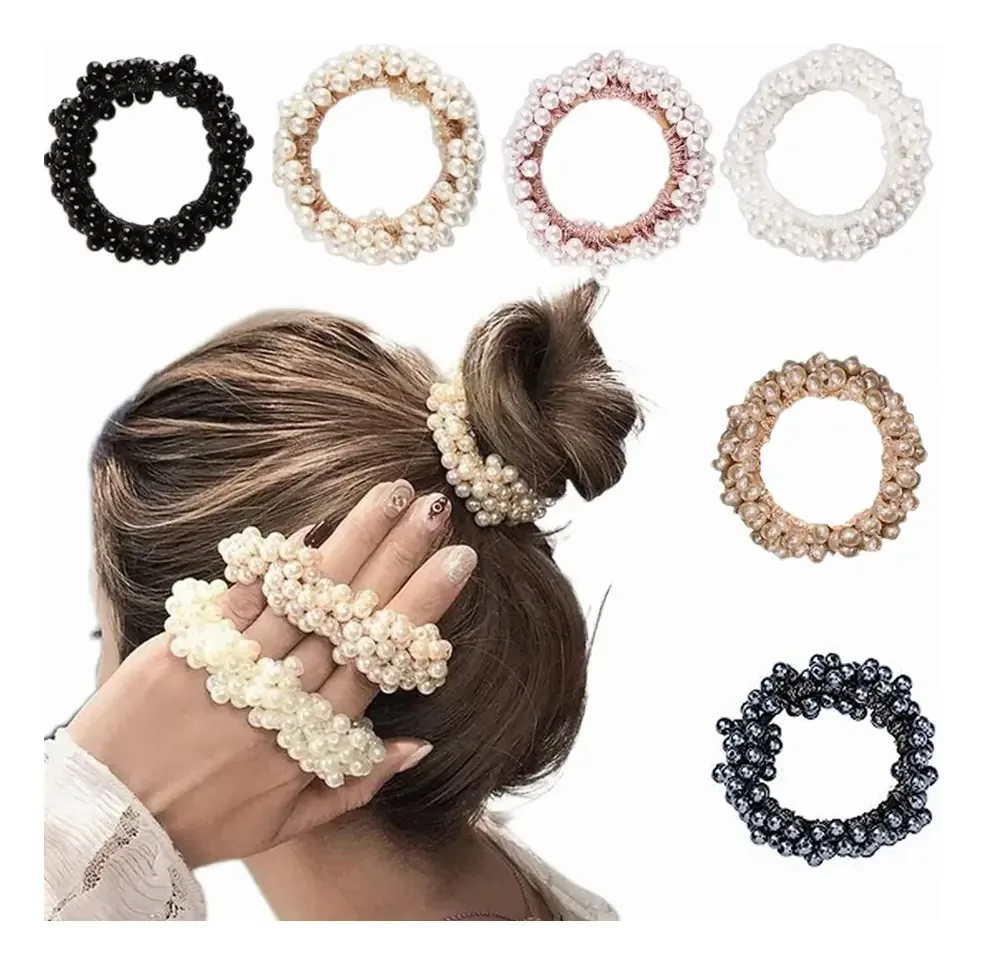 Elastic Hair Scrunchies Pearls Girls Women, 6 peças, conjunto de cores com 6 peças