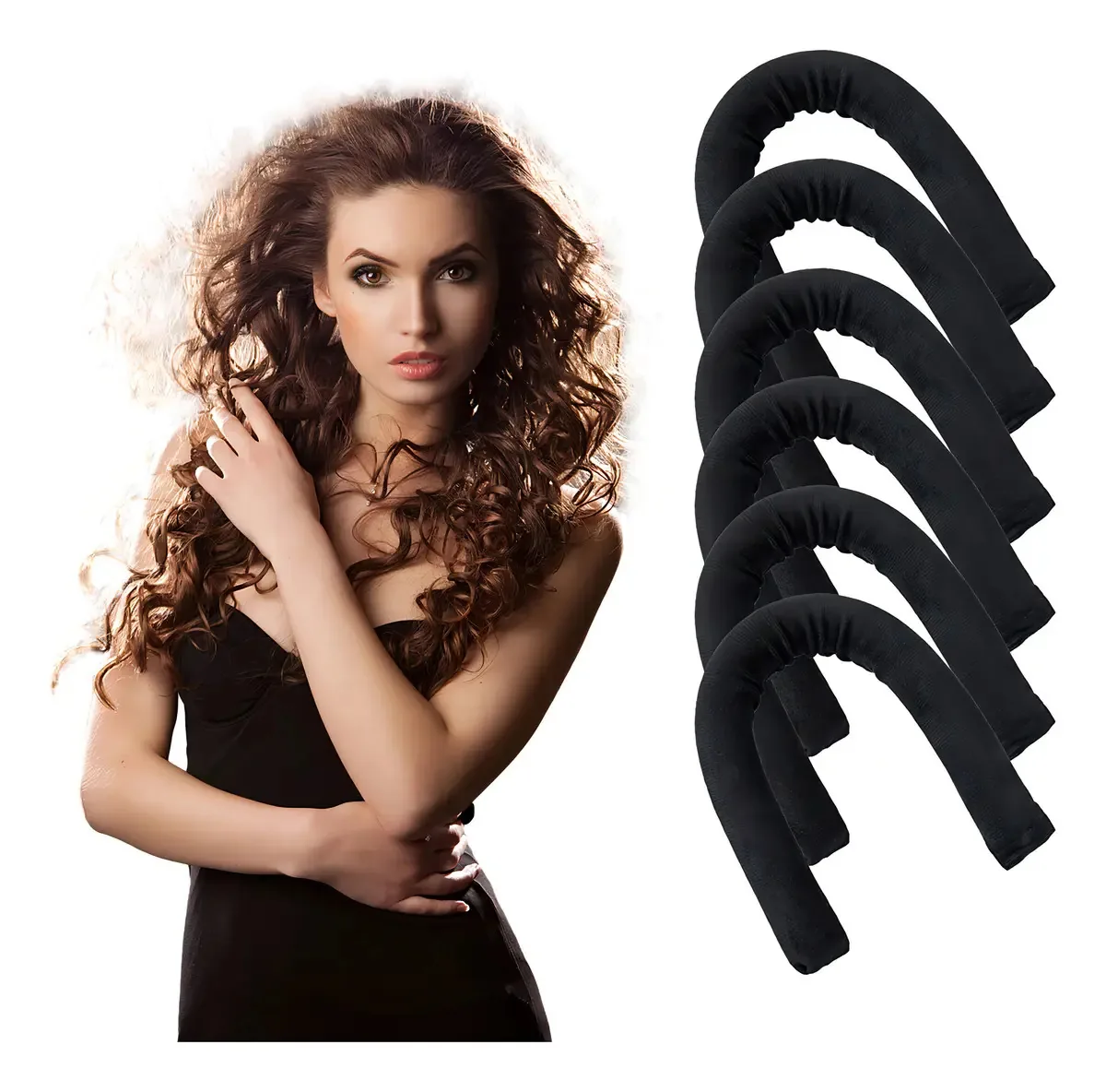 Conjunto de 6 modeladores de cachos CB Hair Curling Iron A1826 com revestimento acetinado e sem calor preto
