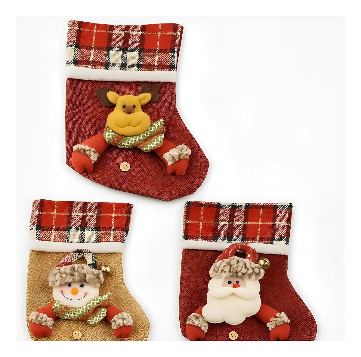 Kit 3 Botas De Natal Papai Noel Pelúcia Xadrez Guizo Enfeite