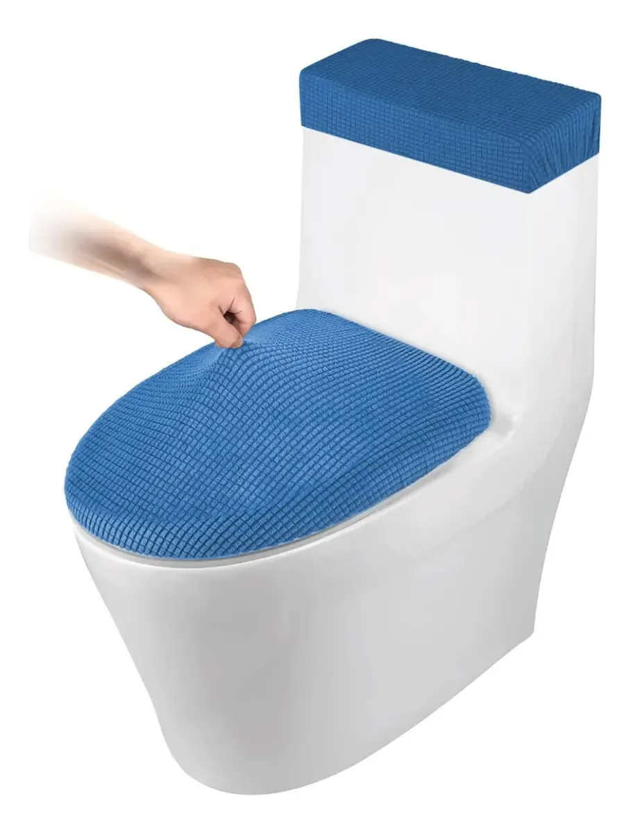 Conjunto de tampa de vaso sanitário azul celeste e tanque azul marinho