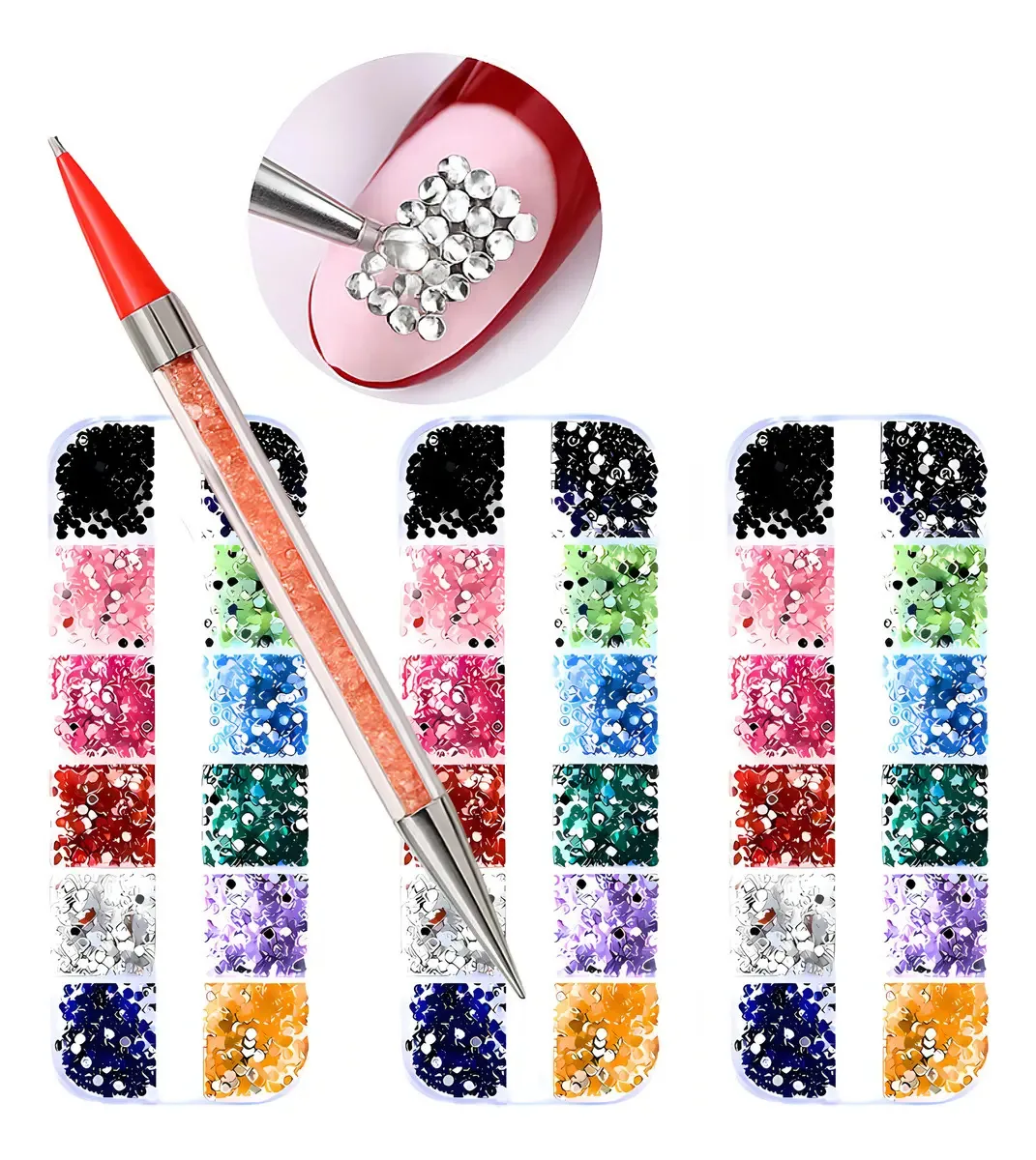 Kit 3 Caixas De Strass Colorido + Caneta Pega-strass