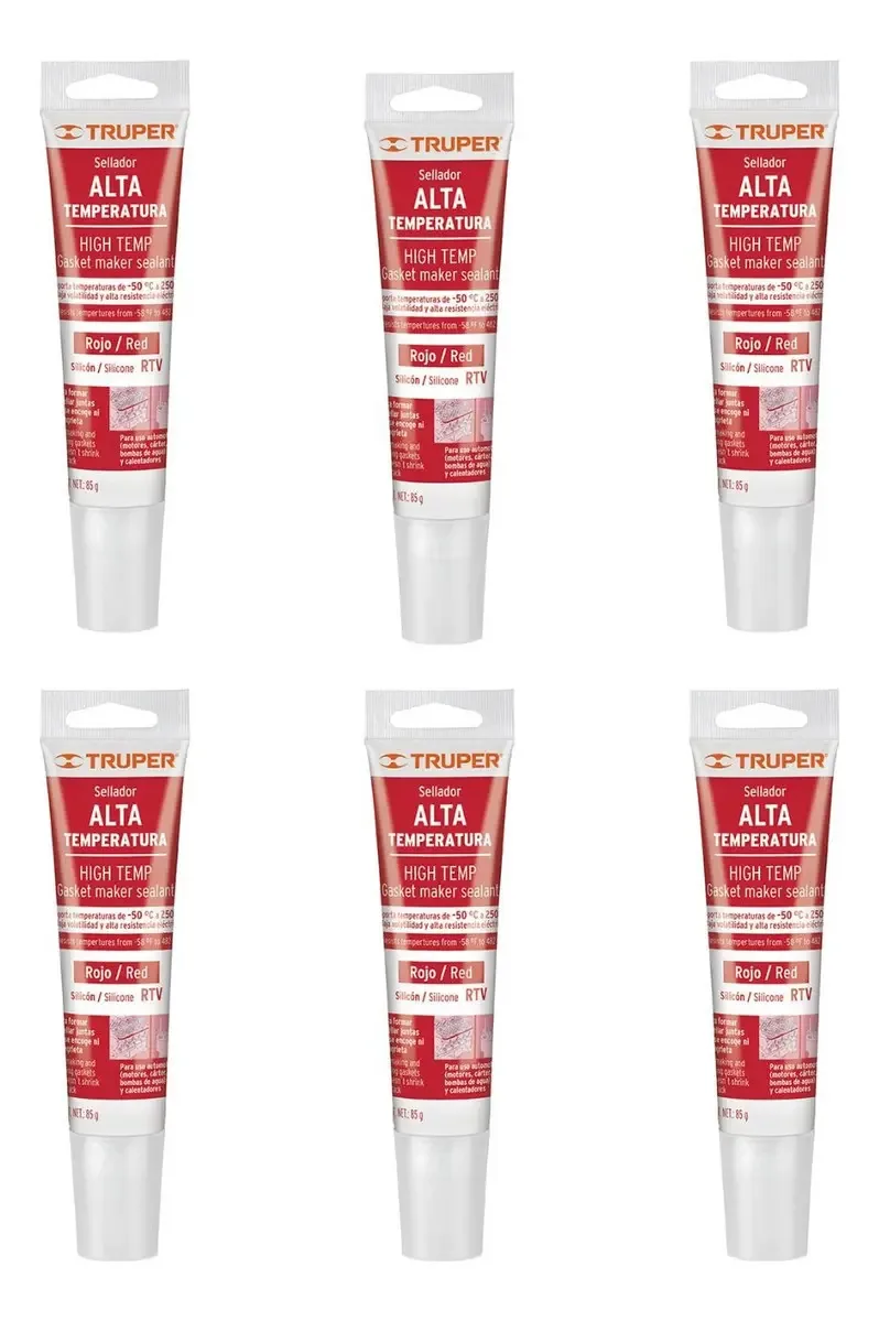 Caixa de 6 selantes de silicone para altas temperaturas 85g vermelho