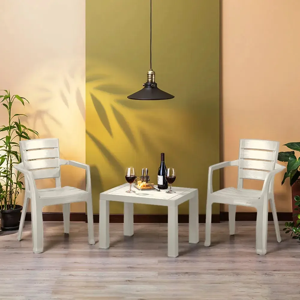 Conjunto Sala Mesa Jardim Plástico Tipo Madeira Exterior Rimax Cor Taupe