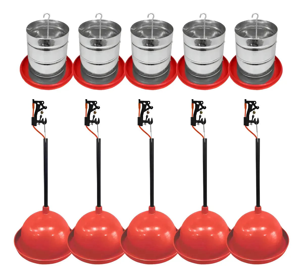 Kit 5 Bebedouros Pendulares + 5 Comedouros Galvanizado 5kg