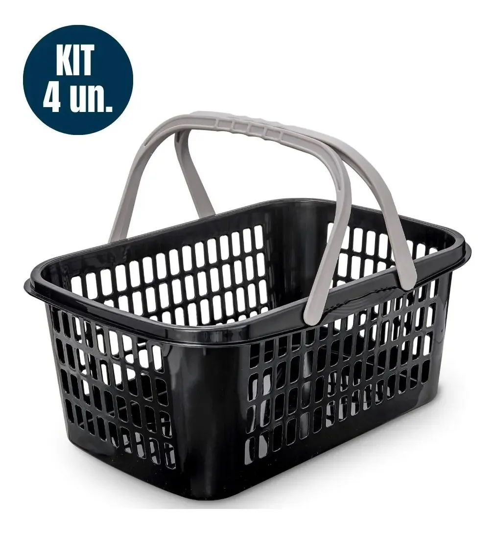 4 Cesto Cestinho Plástico 9l C/ Alça Resistente Compras Loja Cor Preto