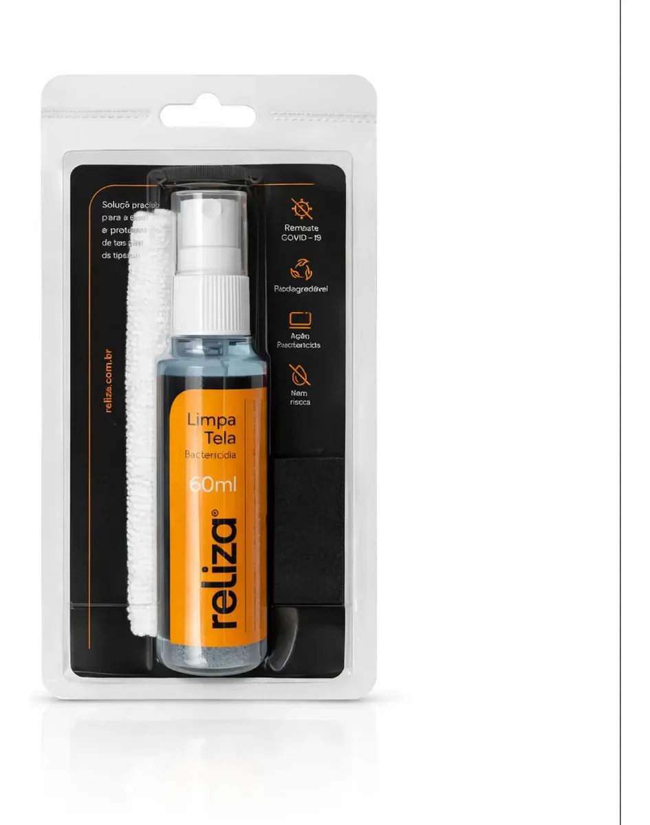 Limpador de Telas Líquido 60ml Reliza Antibacteriano Com Pano de Microfibra
