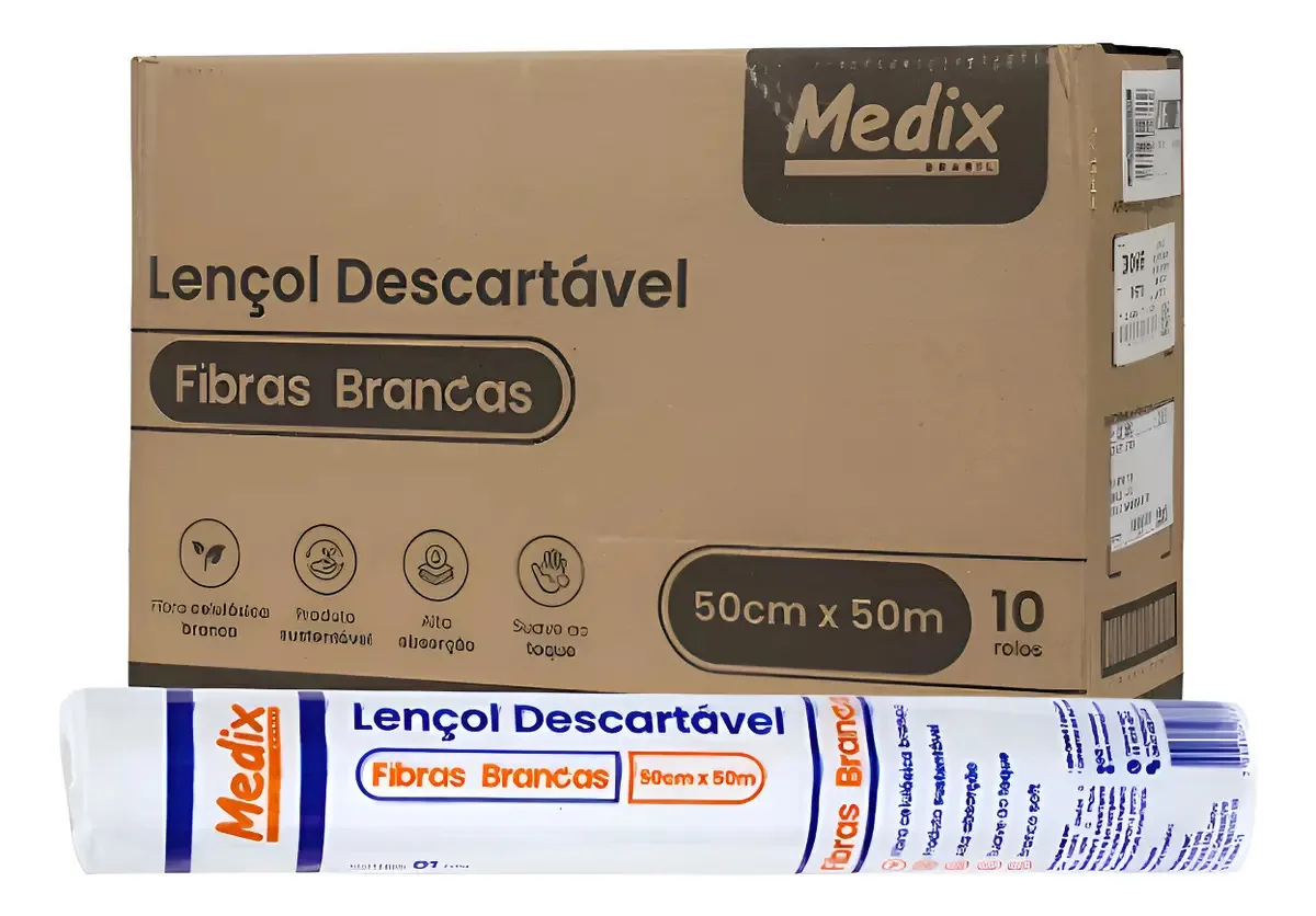 Lençol Em Rolo De Papel 50x50 100% Celulose Medix Kit 10 Un. Branco