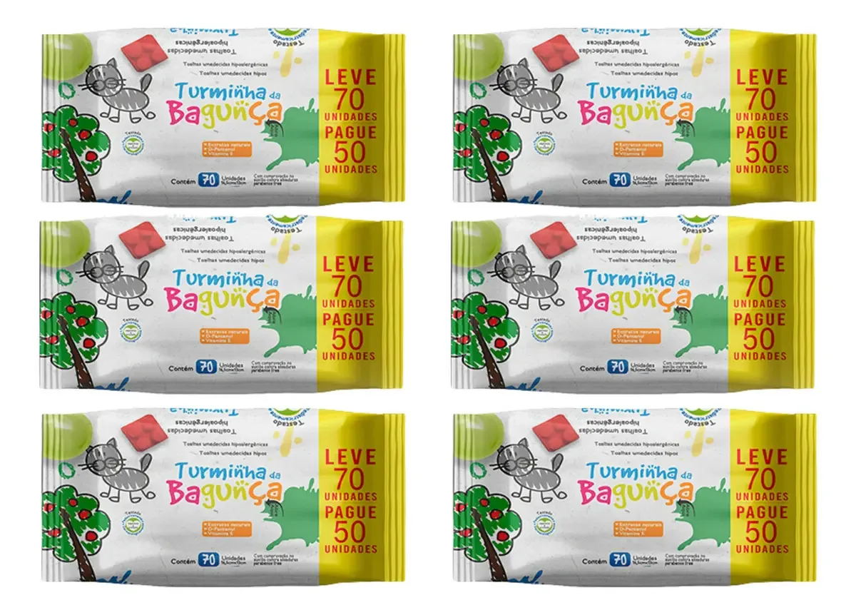 Lenços Umedecidos 70 Folhas Turminha Da Bagunça Kit Com 6 Un