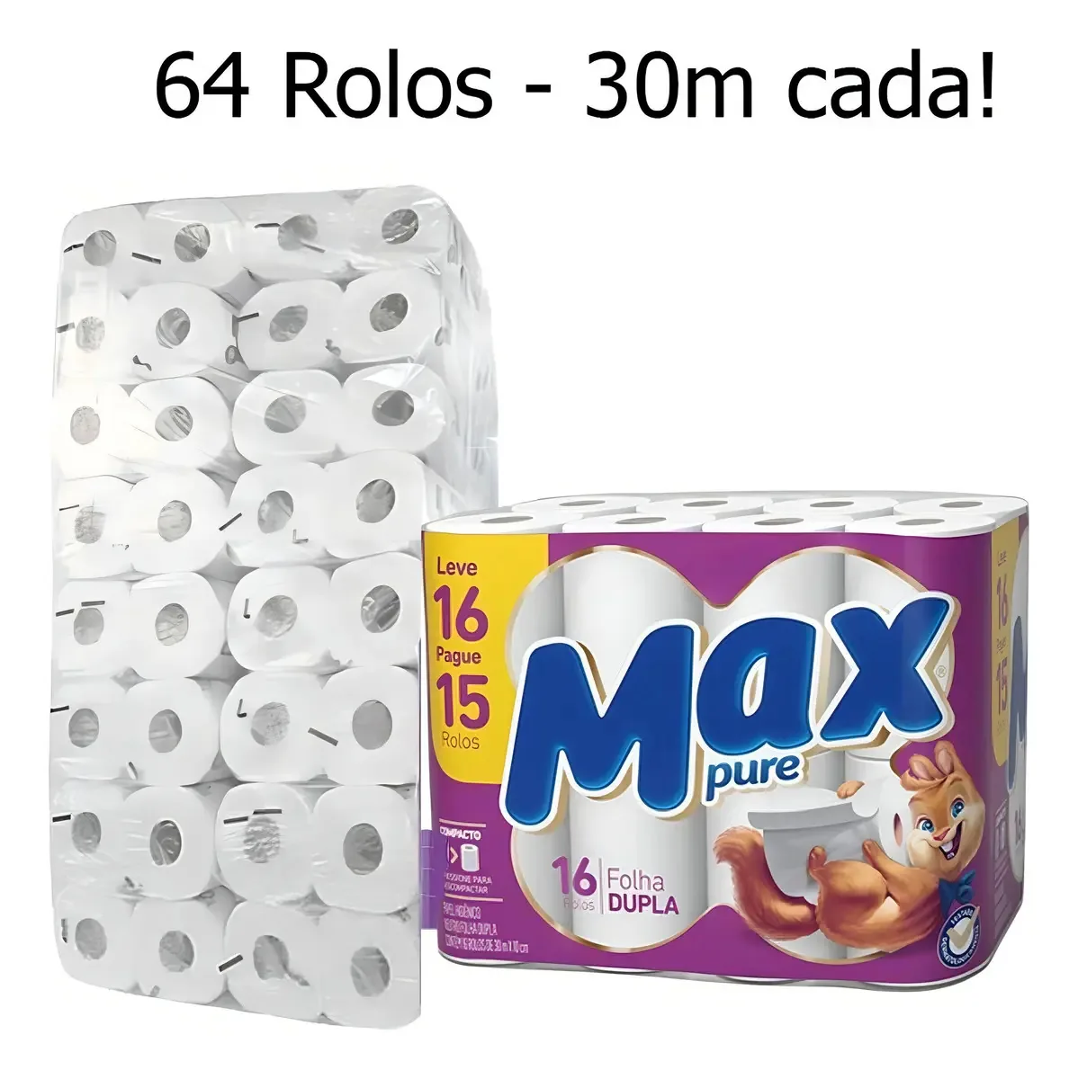 Papel Higiênico Folha Dupla 64 Rolos contendo 30M cada