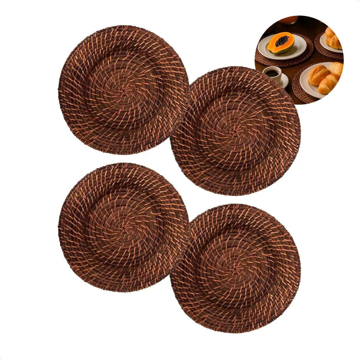 Kit 4 Sousplats Rattan e Bambu 32cm Marrom Escuro Mesa Posta Jhamba