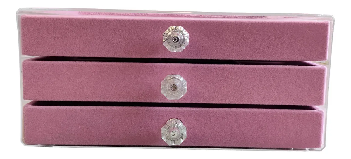 Porta Joias Expositor Acrilico Organizador 3 Gavetas Veludo Rosa