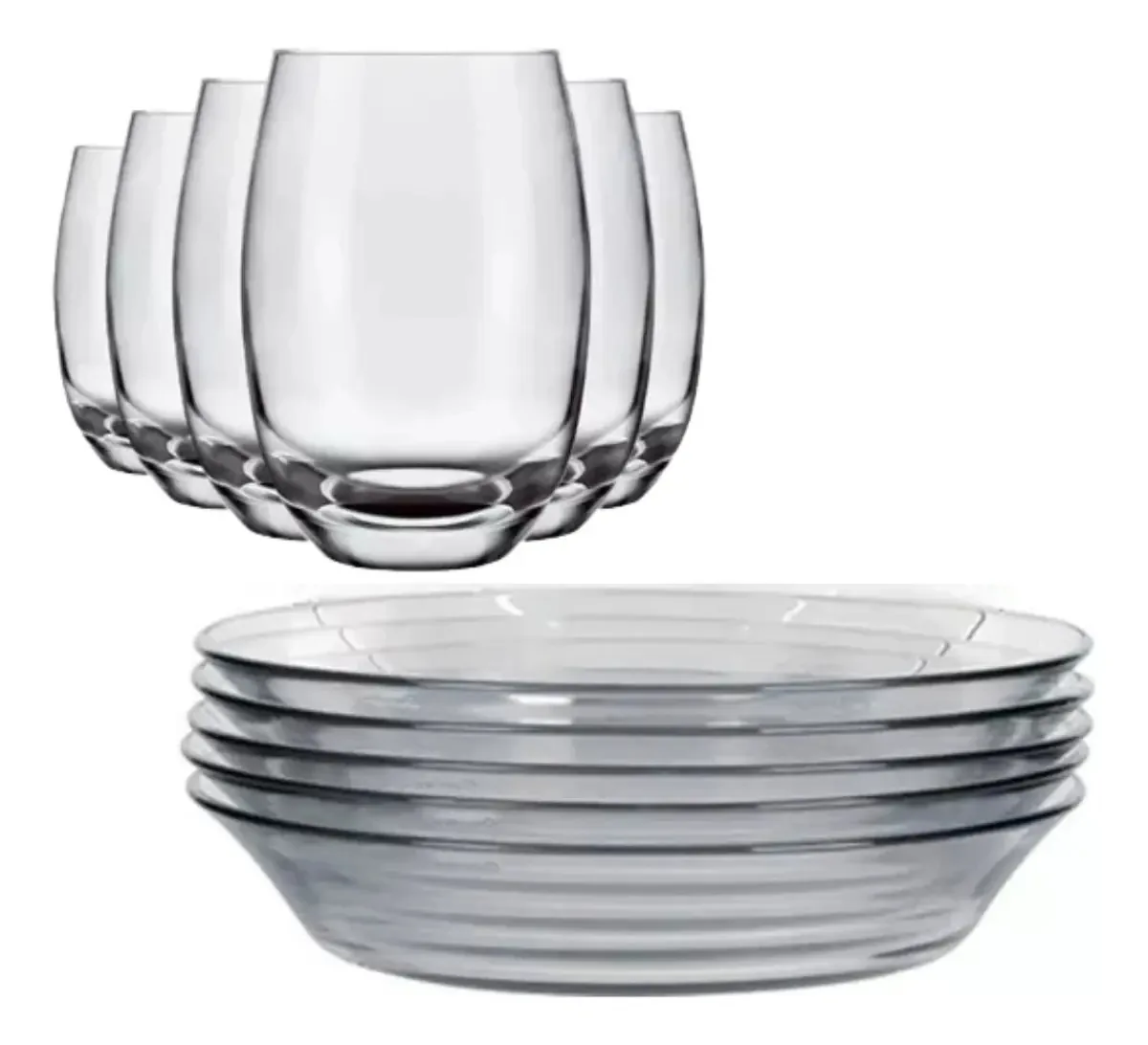Jogo De 6 Pratos E 6 Copos Vidro Elegante Buffet Restaurante Transparente Liso