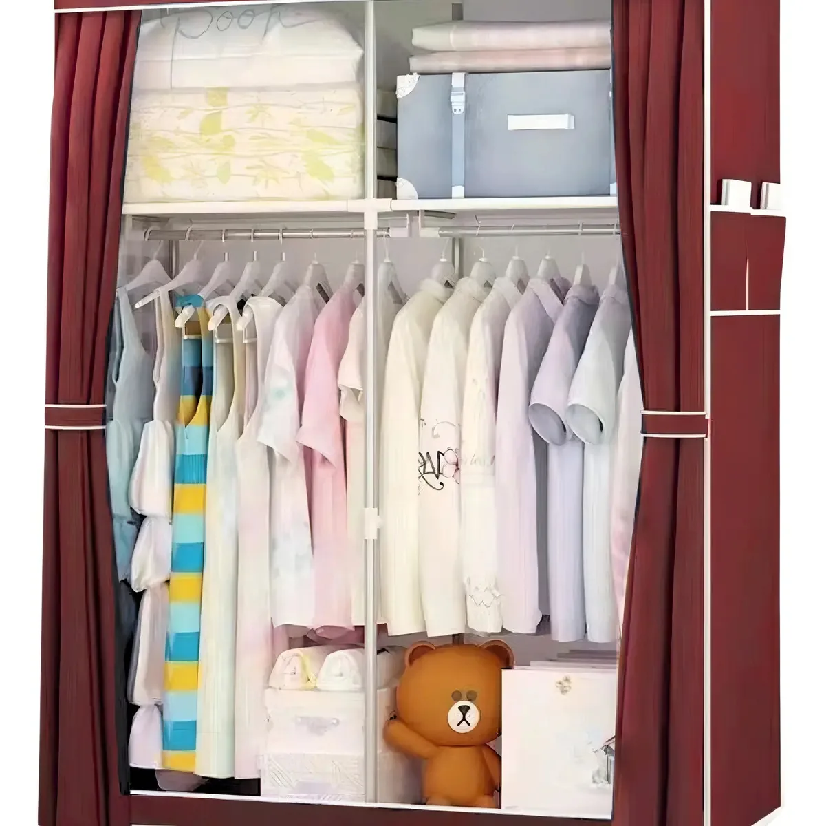 Armário armable para armazenamento de roupas, fechado, portátil, cor de vinho