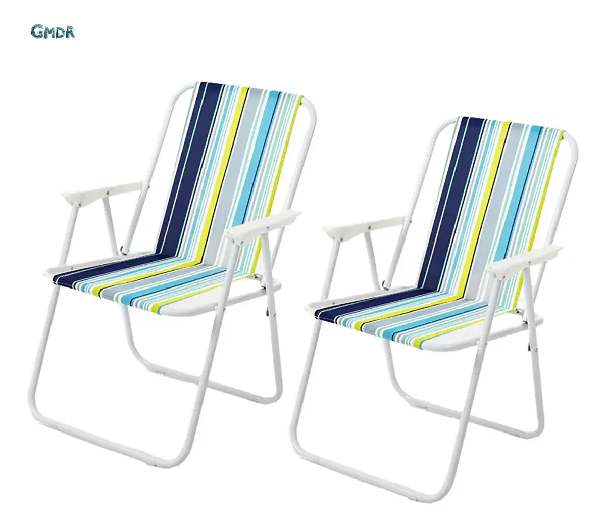 Cadeira de praia dobrável portátil com apoios de braços, 2 peças, com assento e encosto de lona, assentos confortáveis com mola Gmdr