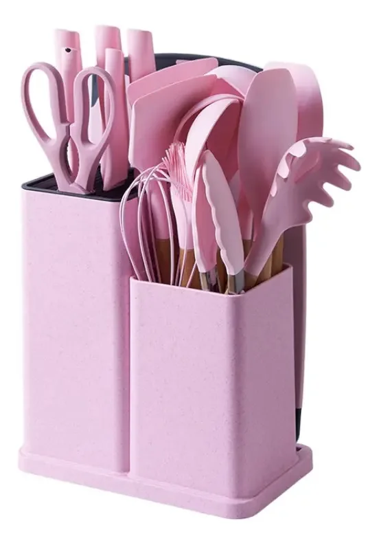 Conjunto de 19 utensílios antiaderentes de silicone - Pink Kitchen