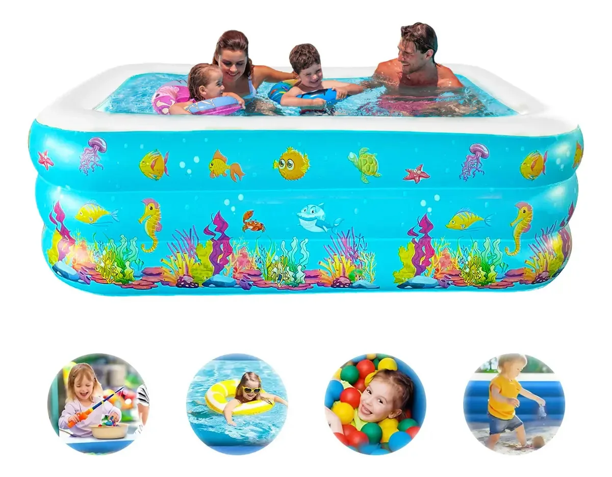 Piscina inflável Piscina inflável retangular grande Piscinas grandes Piscina familiar de bolas 3 anéis mais adesivo de reparo de alta qualidade 210x150x60cm azul