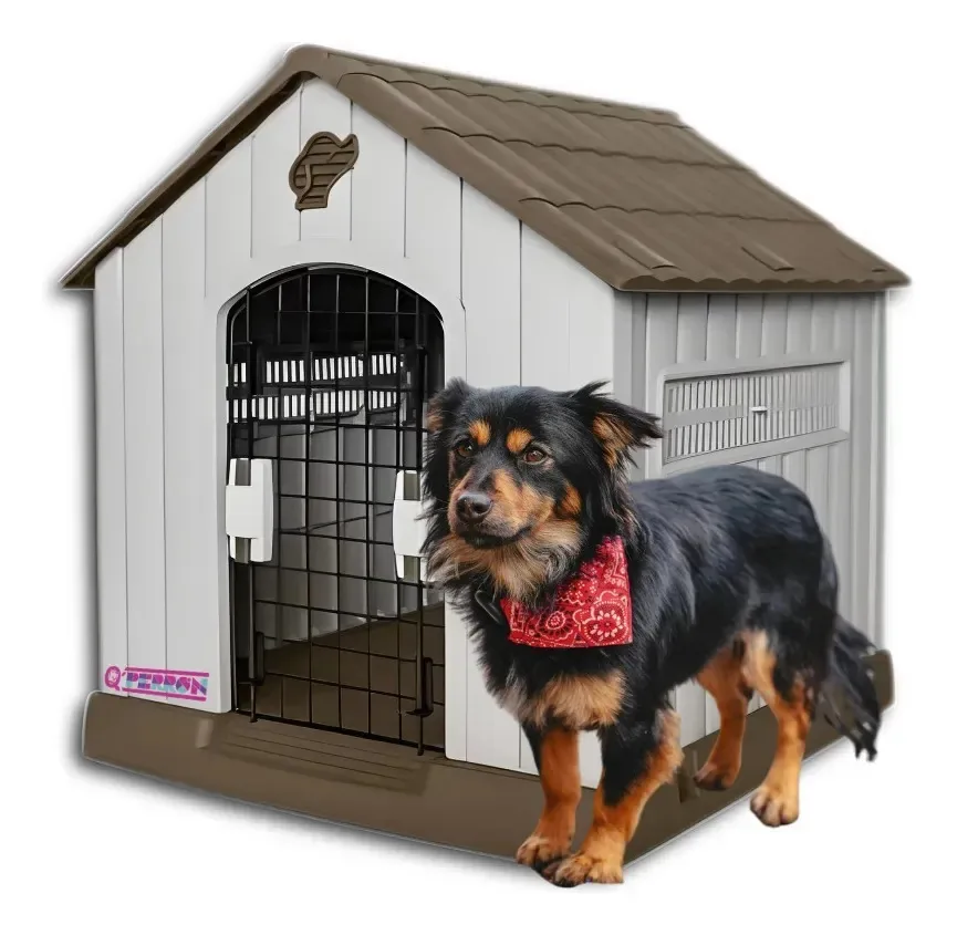 Casa para cães Q Perrón, raça pequena com porta de metal marrom escuro