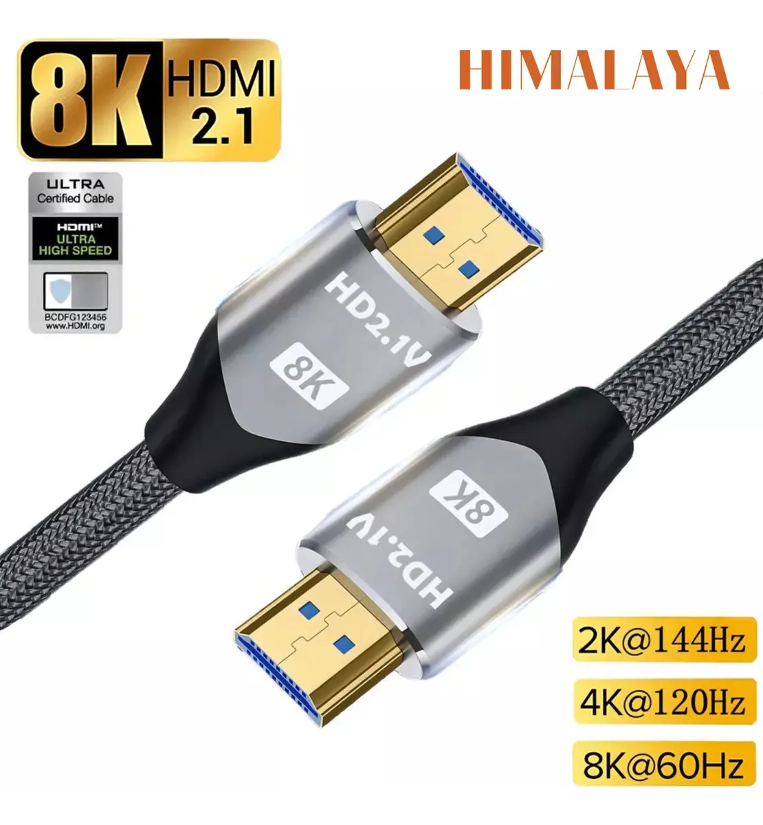 Cabo HDMI 4K Cabo HDMI para TV Entrada HDMI Conector HDMI 2 metros Cabo HDMI 2.1 Vídeo completo 4k 120 hz 8k 60 hz 48 gbps para Ps5 Xbox Laptop Pc Tv Silver Himalaya