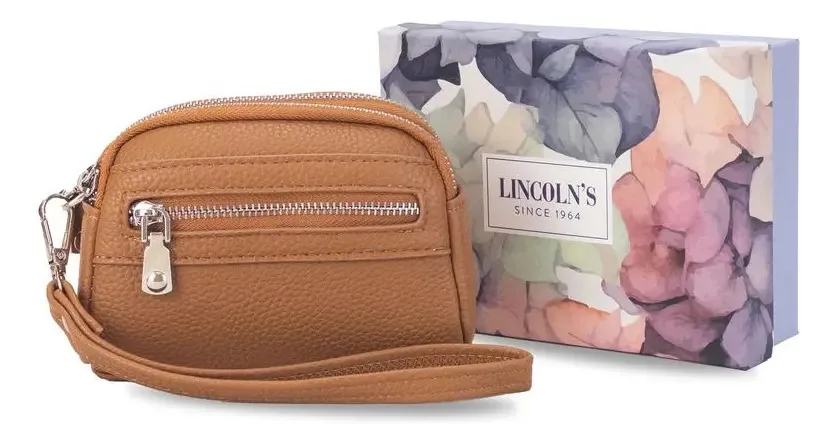 Bolsa de moedas feminina Lincolns marrom com zíper duplo