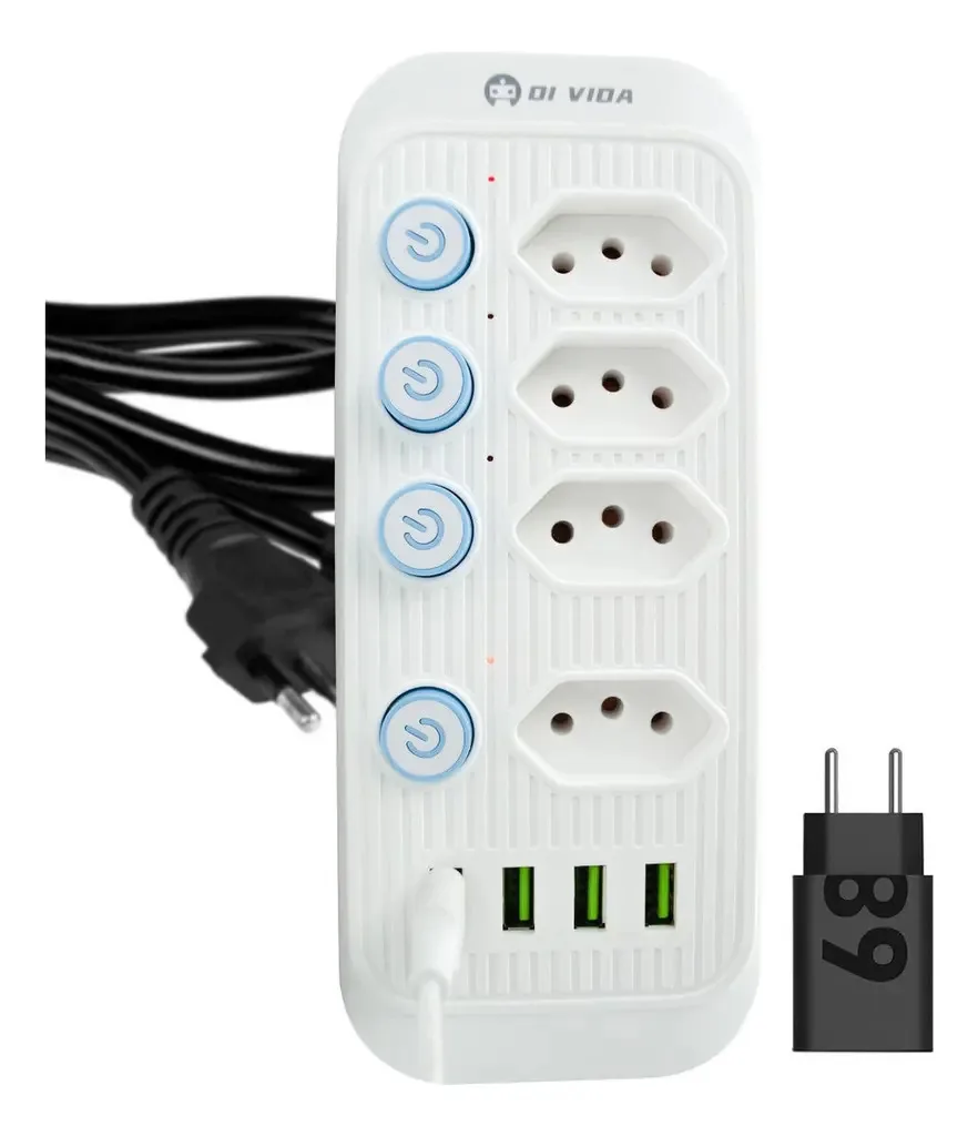 Tomada Elétrica 4 Entradas Br E 4 Usb - 2500w 10a Botão Led
