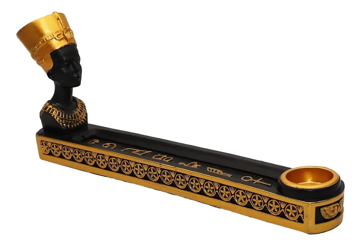 Porta Incenso Egípcio Rainha Nefertiti + Varetas de Incenso Cor Dourado Escuro