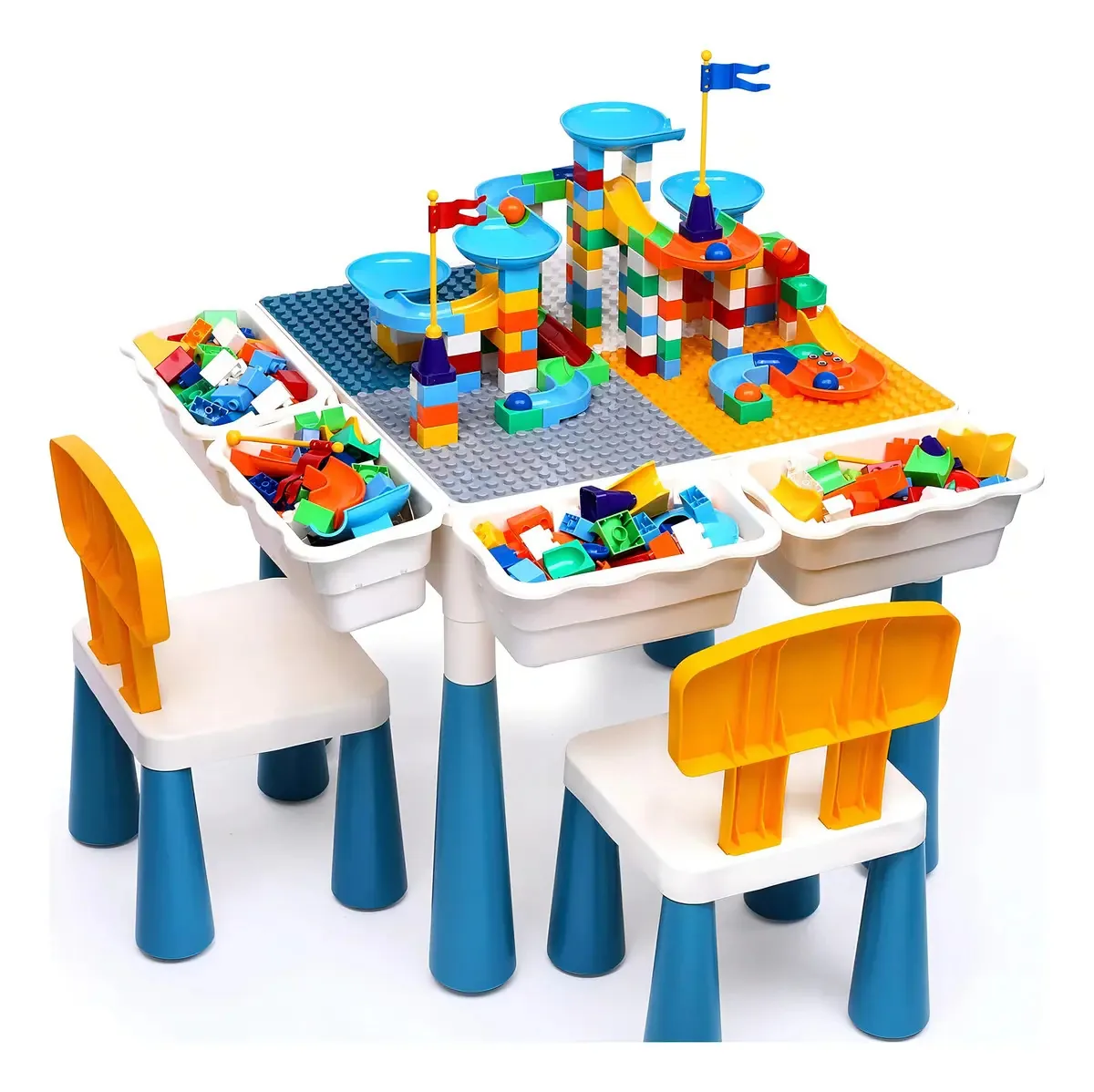 Arscniek Mesa de Atividades para Crianças Pequenas 7 em 1, Jogo de Mesa e Cadeira com 152 Blocos de Construção Grandes de Mármore, Mesa de Areia e Água, Brinquedos de Mesa Educativos para Crianças e