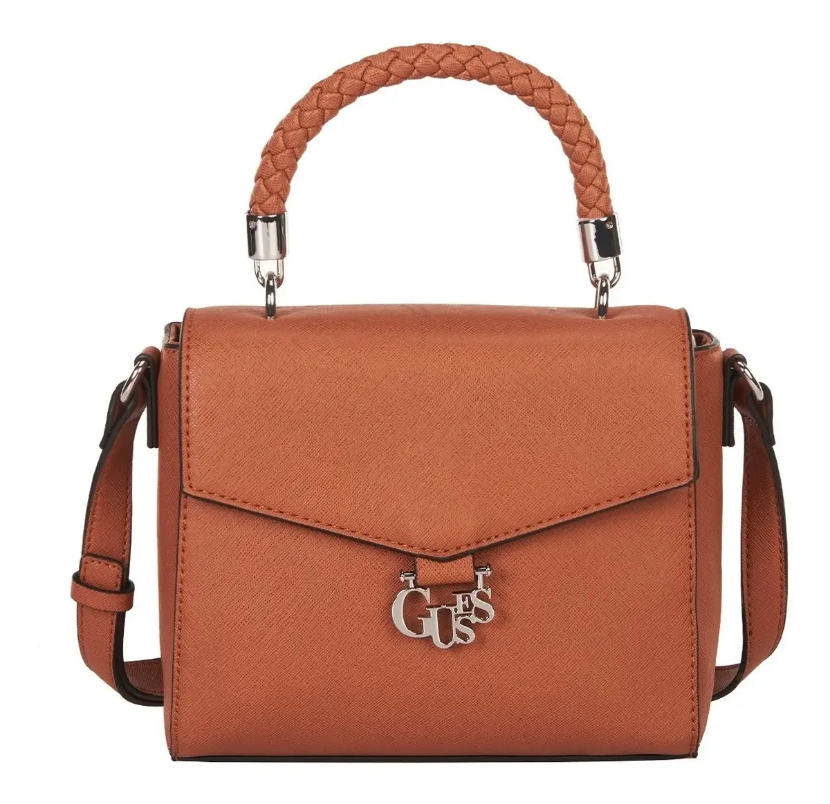 Bolsa Guess CROSSBODY com aba, design liso de poliuretano cáqui, alças de chocolate e ferragens de níquel