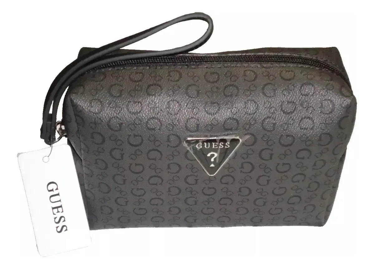 Bolsa de cosméticos Guess com etiquetas de carvão, design de tecido com logotipos
