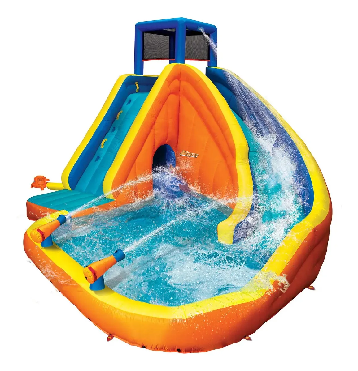 Piscina inflável infantil com toboágua e canhões de água