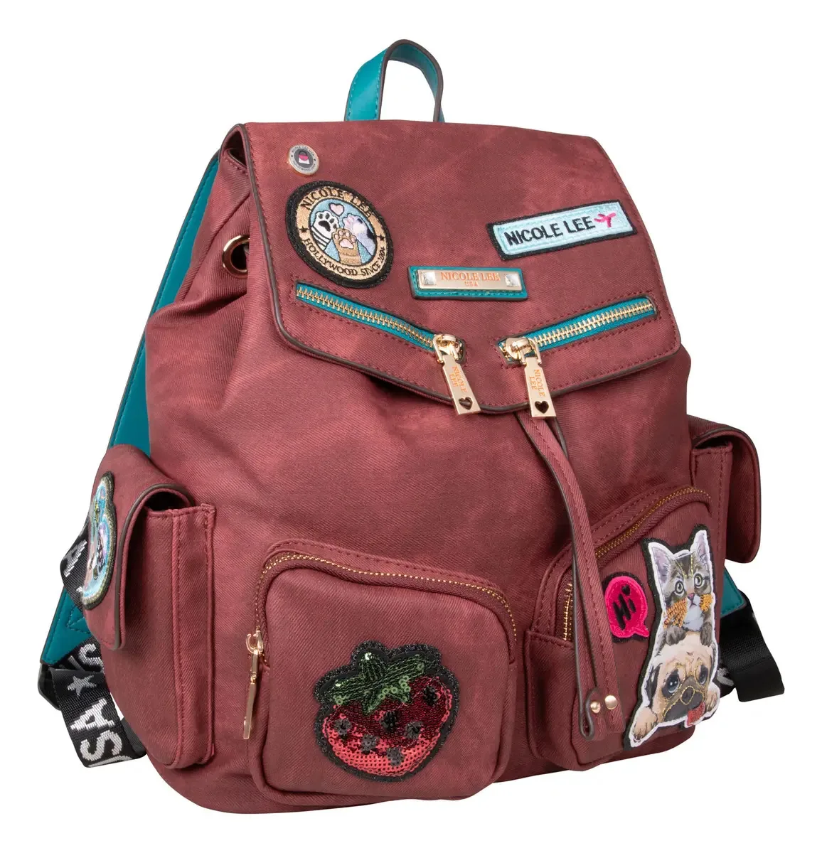 Mochila jeans Nicole Lee com adesivos bordados vermelhos Fw24