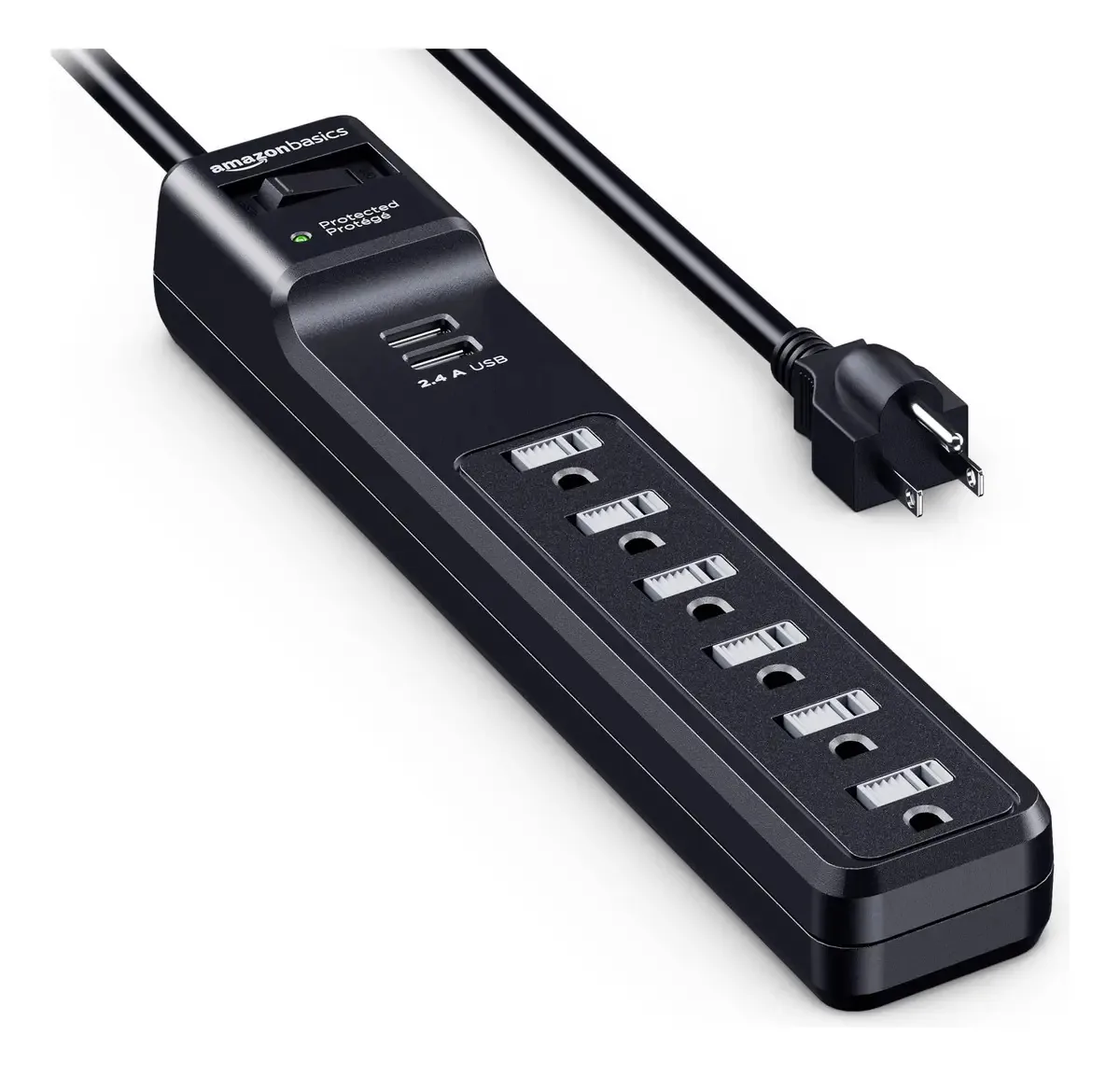 Faixa de proteção de 6 soquetes e 2 USB, 1000 Joules, preta