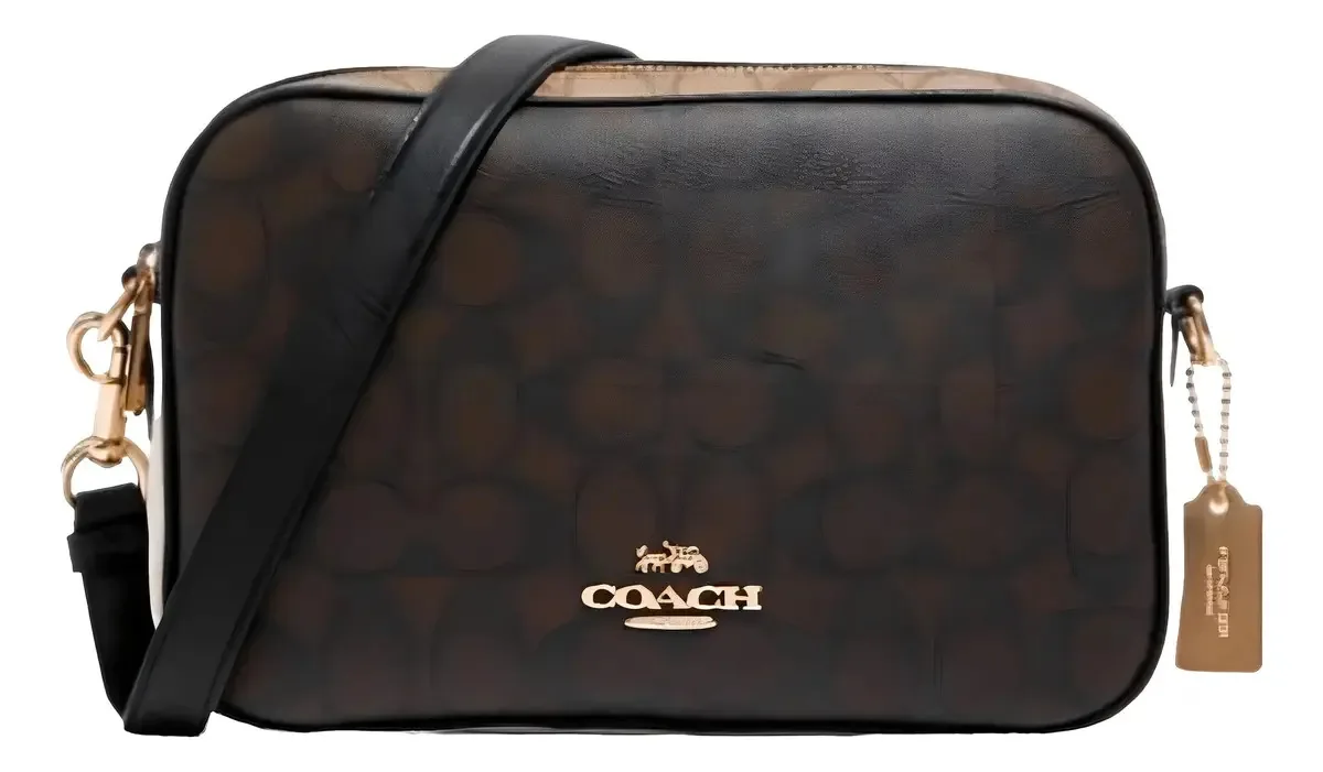 Bolsa tiracolo Coach C1767, design listrado em lona revestida com a assinatura e couro liso marrom escuro, alças pretas e ferragens douradas