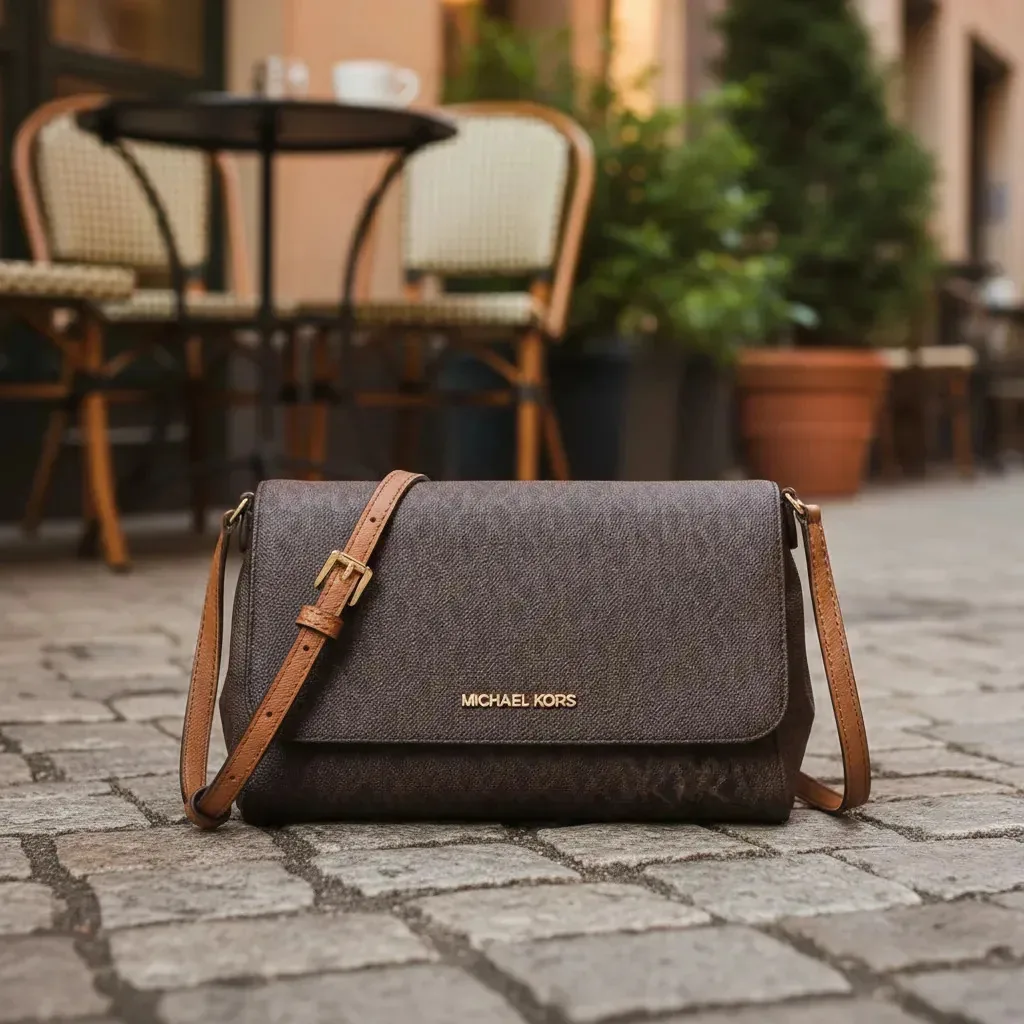 Bolsa Transversal Michael Kors Crossbody Couro Marrom Com Logo e Ferragens Ouro